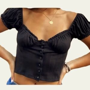 NWT Et Clet Black Bustier Ribbed Short Sleeve Celine Crop Top M